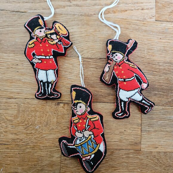 Vintage 80s Homemade Fabric Stuffed Christmas Ornaments Set of 3 Toy Soldiers - Picture 1 of 5